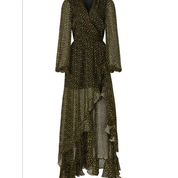 Caroline Constas Vivian Winter Rose 100% Silk V-Neck Ruffles Gown Size Small - Picture 3 of 16